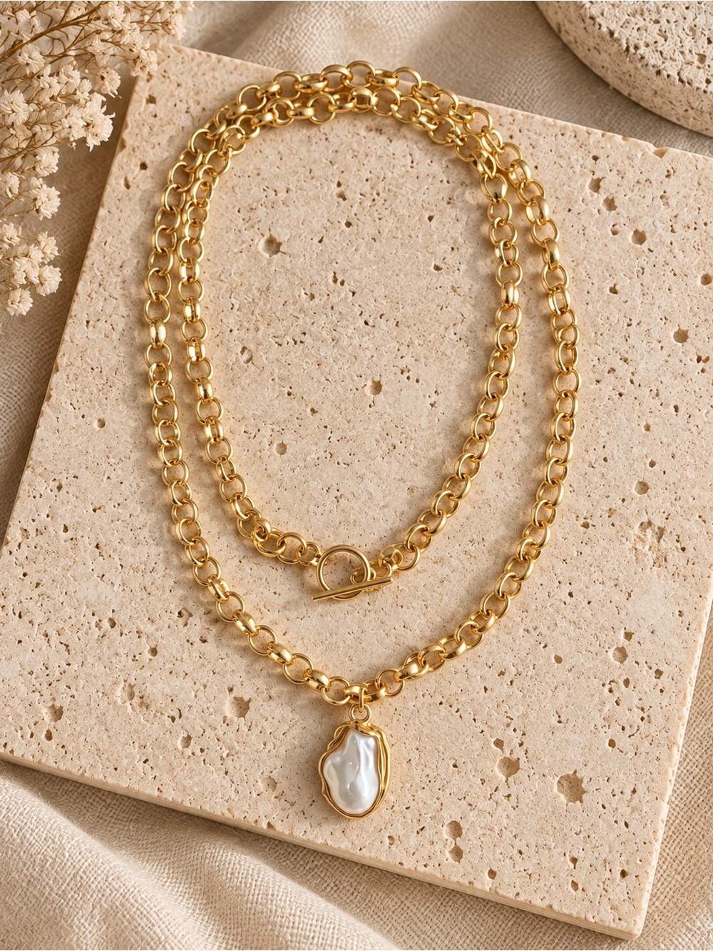 Anthropologie Gold Toggle Necklace with Irregular Pearl Charm